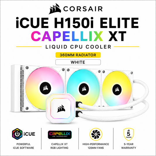 CORSAIR iCUE H150i ELITE CAPELLIX XT 360MM RADIATOR LIQUID CPU COOLER - WHITE (CW-9060070-WW)