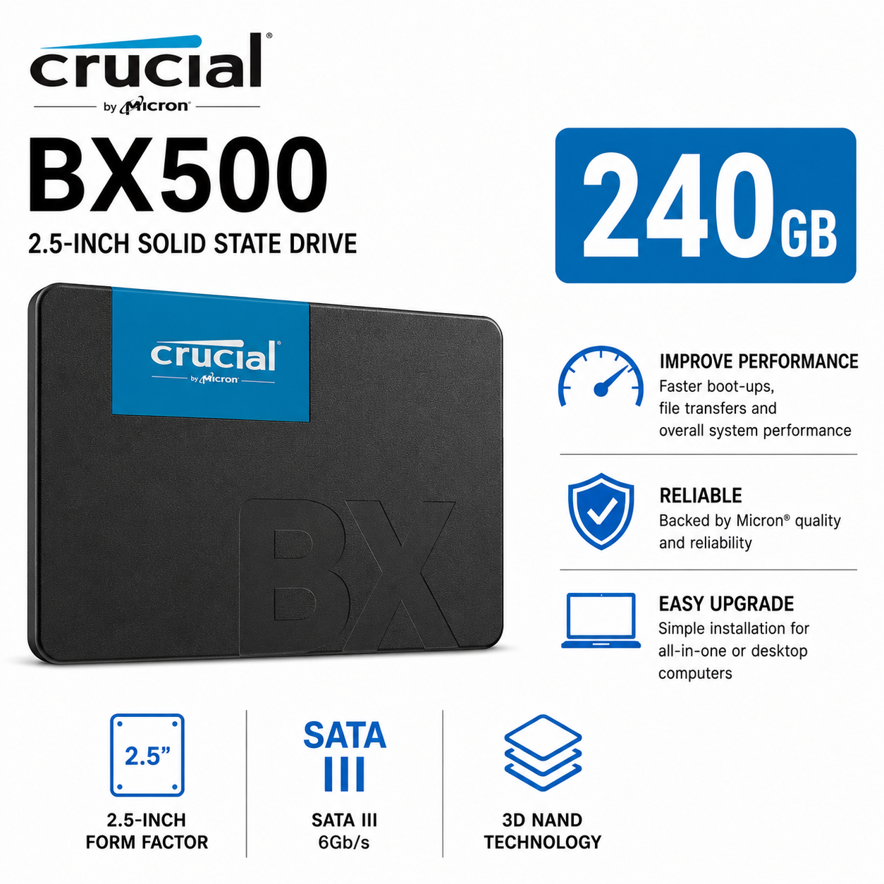 CRUCIAL BX500 240GB 3D NAND SATA 2.5 inch SSD (CT2000BX500SSD1)
