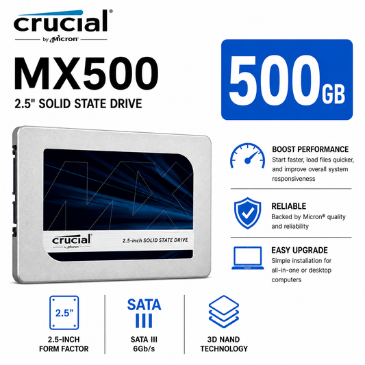 CRUCIAL MX500 500GB 3D NAND SATA 2.5" SSD (CT1000P3SSD8)