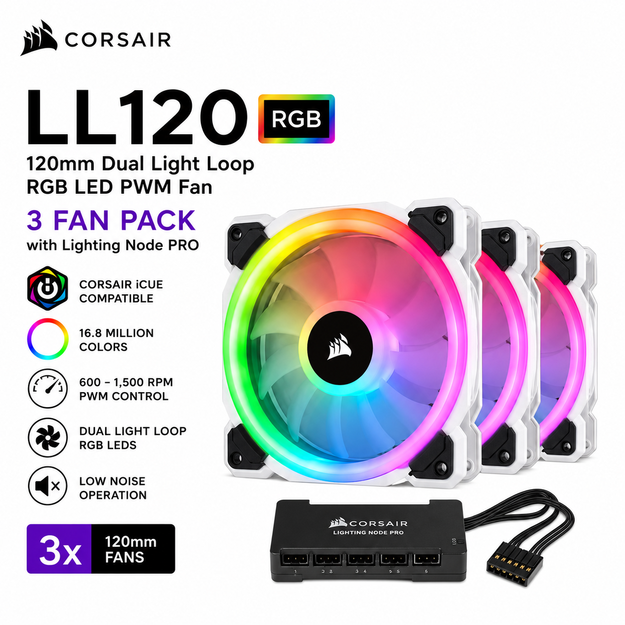 Corsair LL120 RGB 120mm Dual Light Loop RGB LED PWM Fan 3 Fan Pack with Lighting Node PRO (CO-9050071-WW)