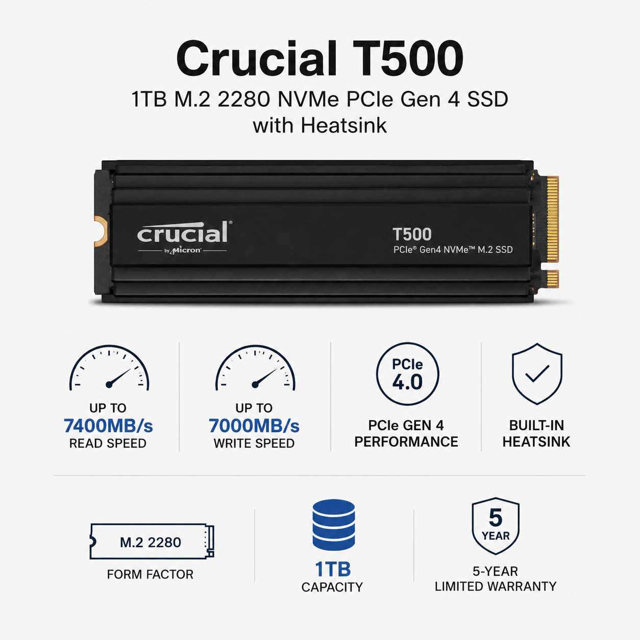 Crucial T500 1TB M.2 2280 NVMe PCIe Gen 4 SSD with Heatsink (CT1000T500SSD3)