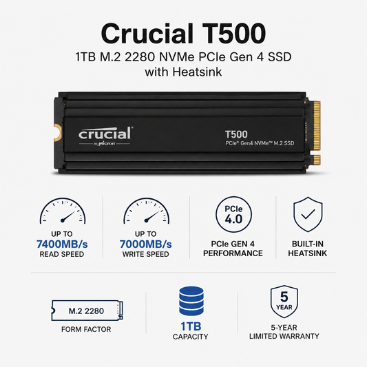 Crucial T500 1TB M.2 2280 NVMe PCIe Gen 4 SSD with Heatsink (CT1000T500SSD3)
