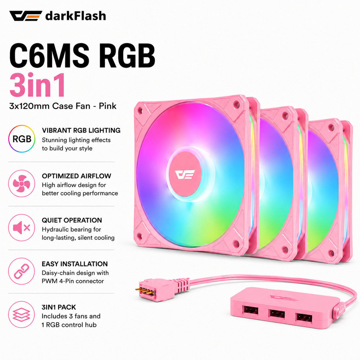 DARKFLASH C6MS RGB 3in1 (3x120mm) Case Fan - pink (C6MS-3IN1-WH)