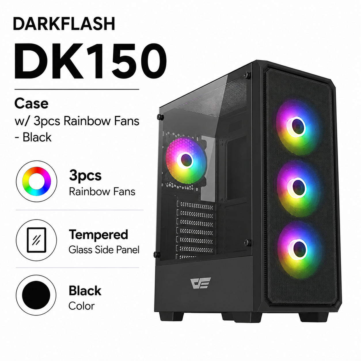 DARKFLASH DK150 Case w/ 3pcs Rainbow Fans - Black (DK351-BK)