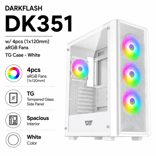 DARKFLASH DK351 w/ 4pcs (1x120mm) aRGB Fans TG Case - white (DK352M-BK)
