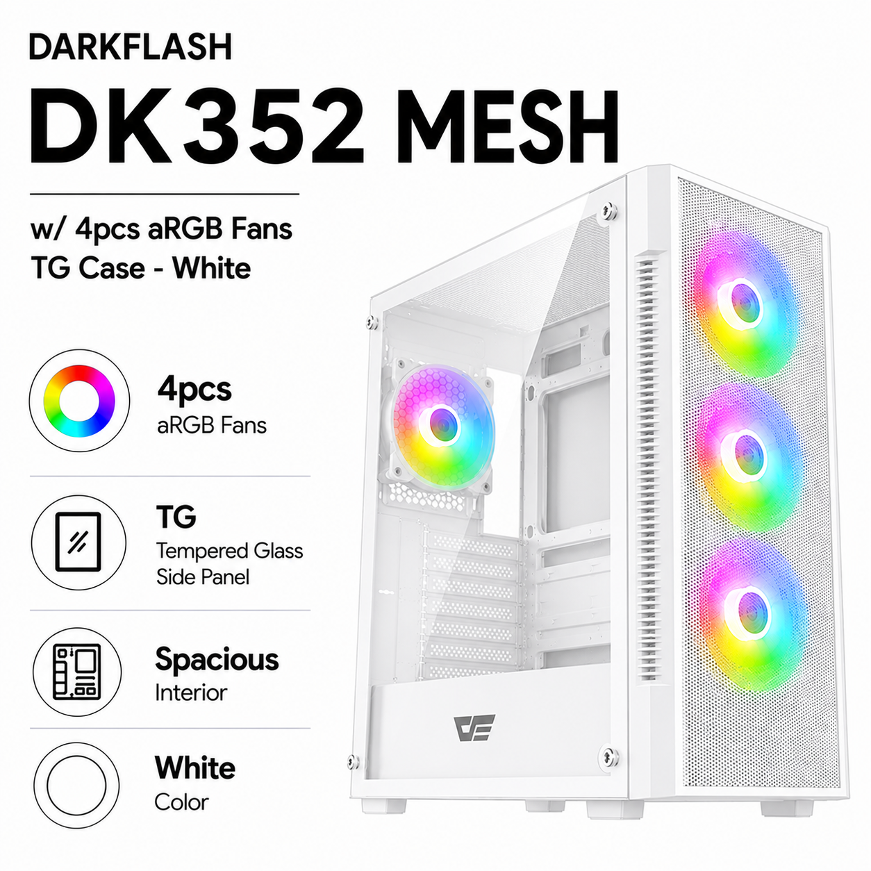DARKFLASH DK352 MESH w/ 4pcs aRGB Fans TG Case - white (DK352PLUS-BK)