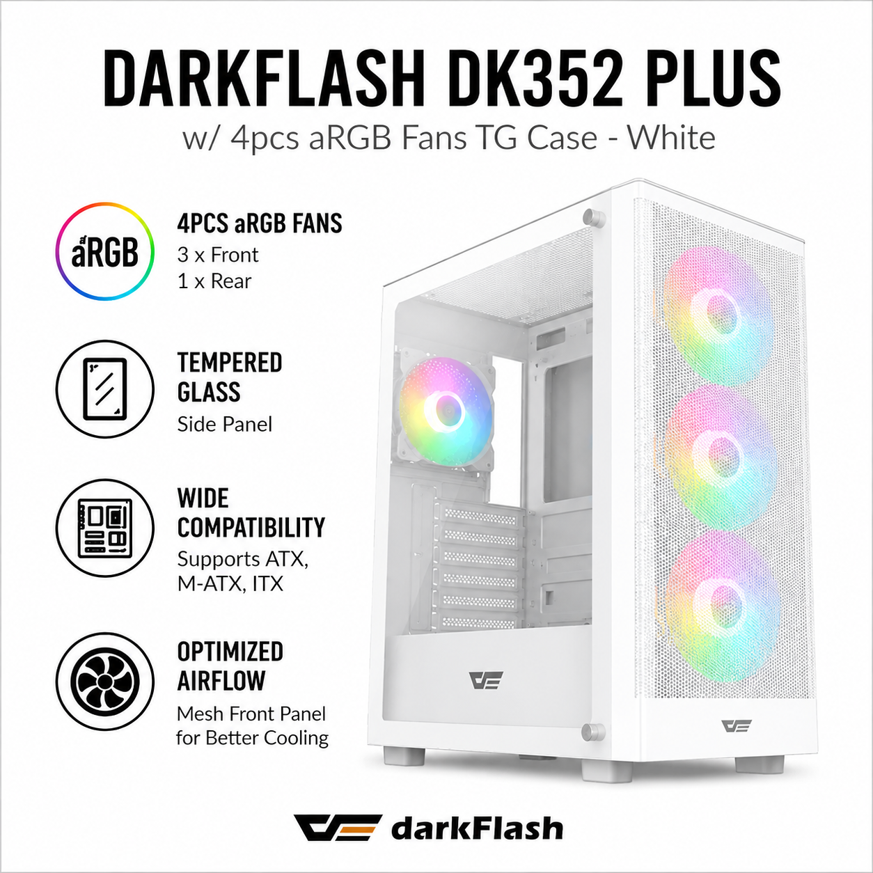 DARKFLASH DK352 PLUS w/ 4pcs aRGB Fans TG Case - white (DK361-BK)