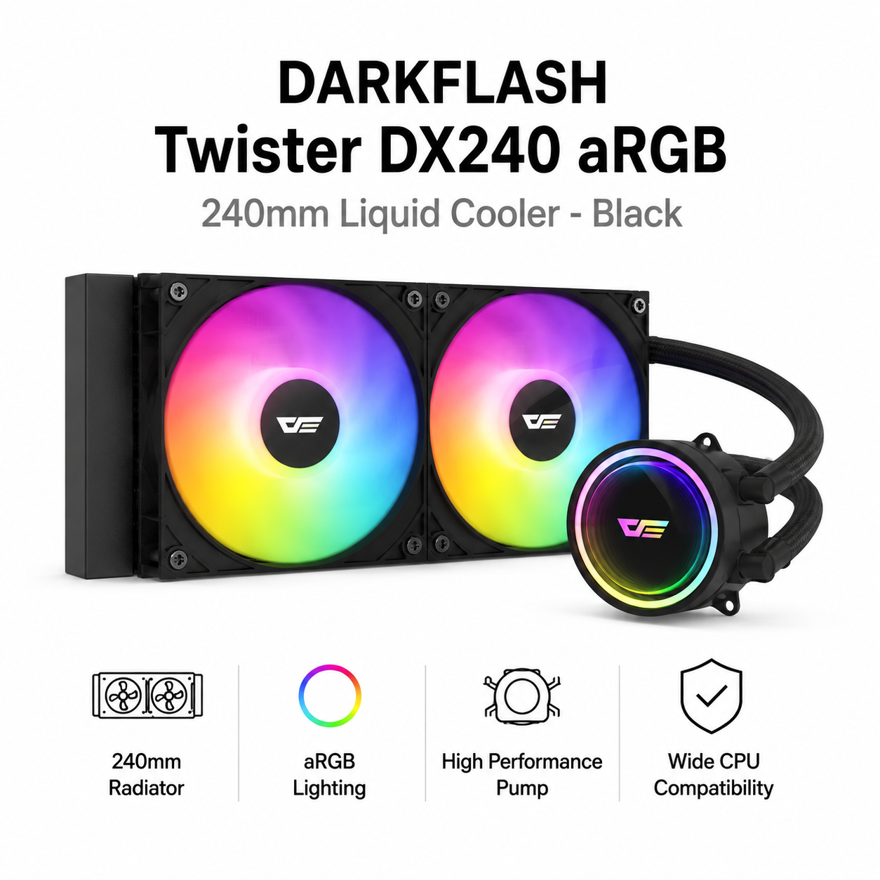 DARKFLASH Twister DX240 aRGB 240mm Liquid Cooler - Black (DX240-ARGB-WH)