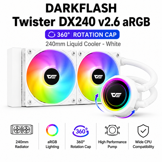 DARKFLASH Twister DX240 v2.6 (360° rotation cap) aRGB 240mm Liquid Cooler - White (DX360-V2-ARGB-BL)