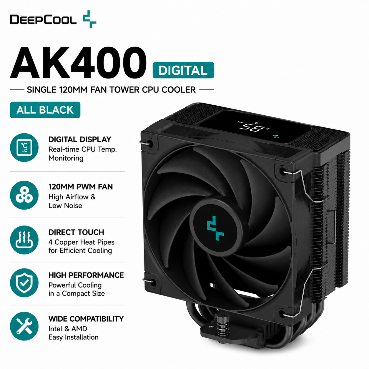 DEEPCOOL AK400 Digital - All Black, Single 120mm Fan, Tower (R-AK400-WHADMN-G)