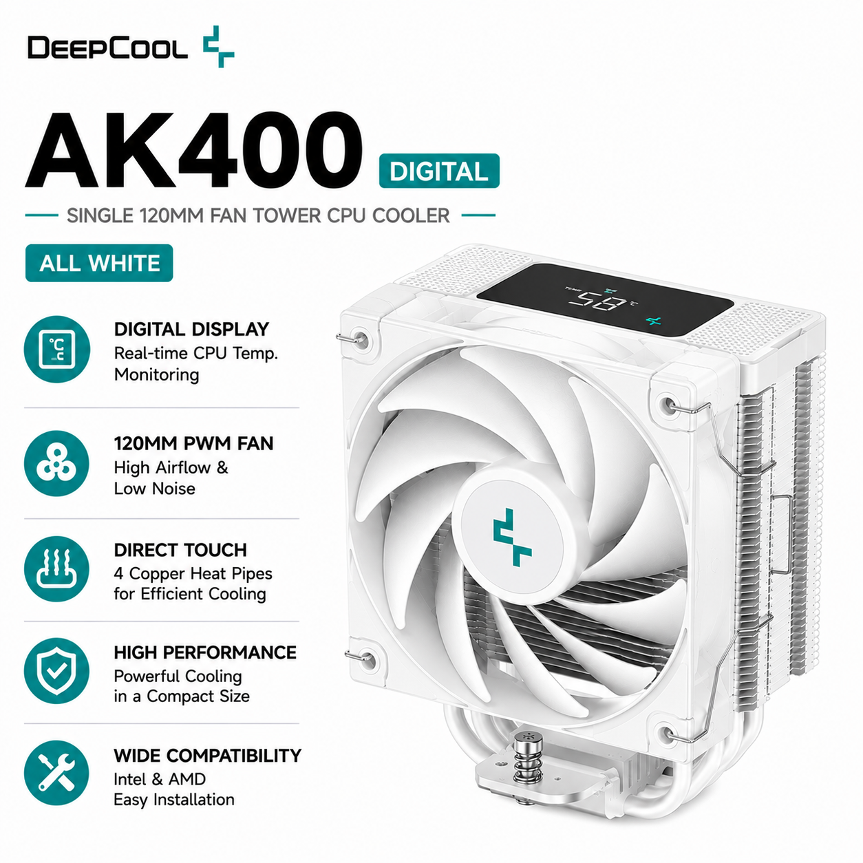 DEEPCOOL AK400 Digital White - All White, Single 120mm Fan, Tower (R-AK400-BKNNMN-G-1)