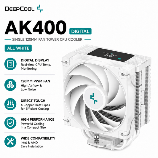 DEEPCOOL AK400 Digital White - All White, Single 120mm Fan, Tower (R-AK400-BKNNMN-G-1)