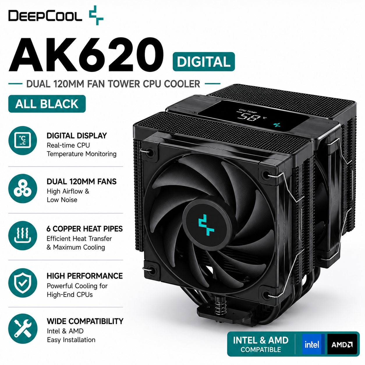 DEEPCOOL AK620 Digital - All, Black, Dual 120mm Fan, Tower (R-AK620-WHADMN-G)