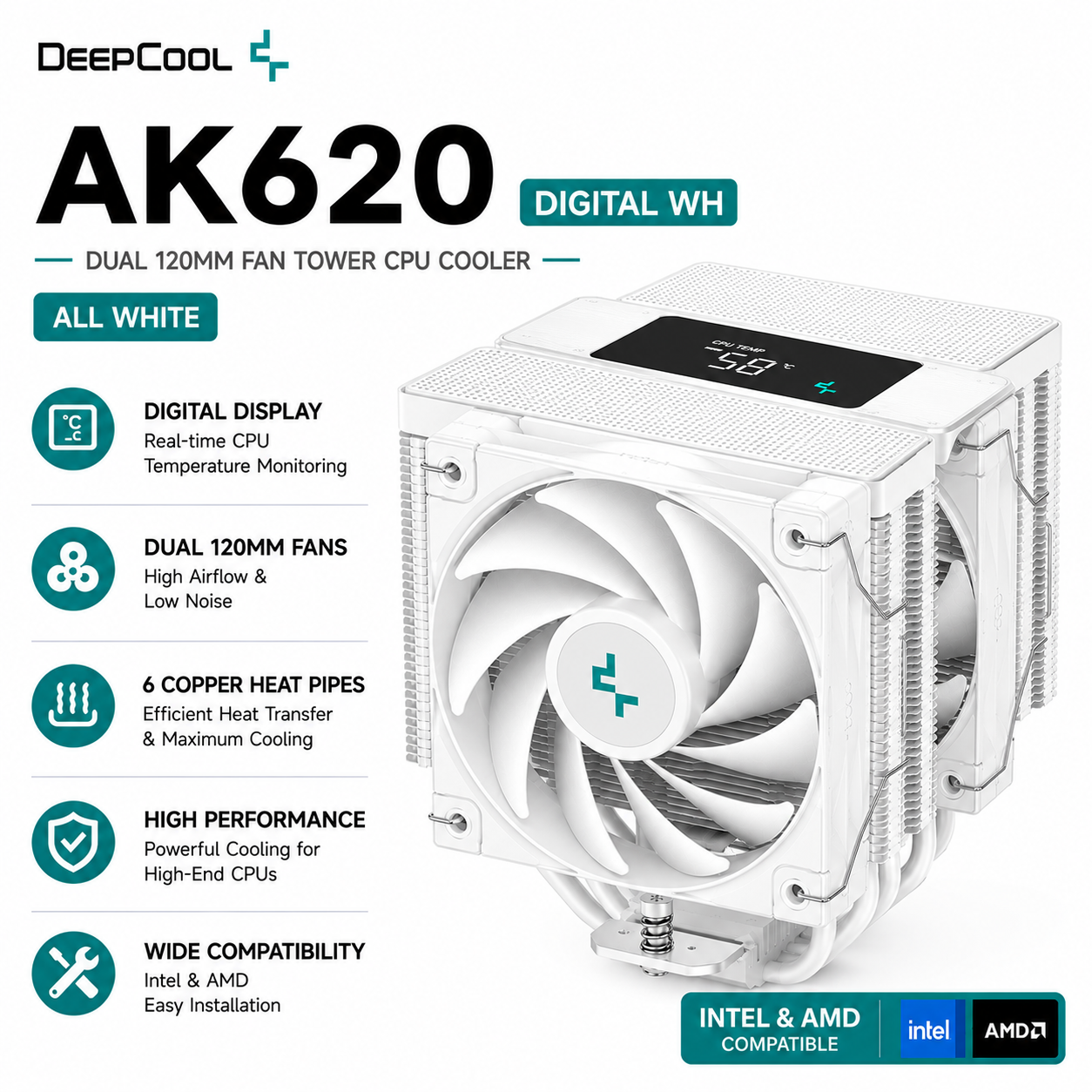 DEEPCOOL AK620 Digital WH - All White, Dual 120mm Fan, Tower (R-AK620-BKNNMT-G)