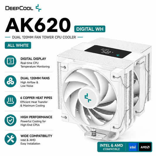 DEEPCOOL AK620 Digital WH - All White, Dual 120mm Fan, Tower (R-AK620-BKNNMT-G)