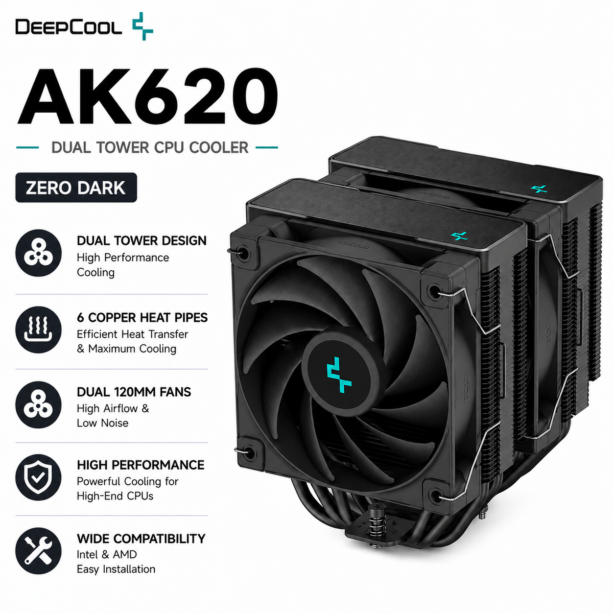 DEEPCOOL AK620 Dual Tower CPU Cooler (amd&intel) - Zero Dark (R-AS500-BKNLMN-G)