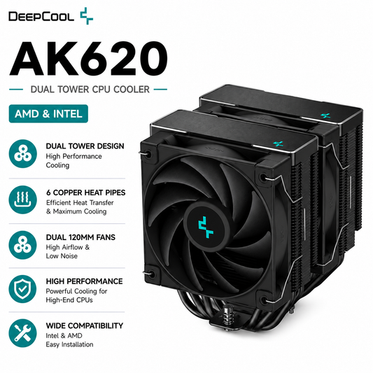 DEEPCOOL AK620 Dual Tower CPU Cooler (amd&intel) - black (R-AK620-WHNNMT-G-1)