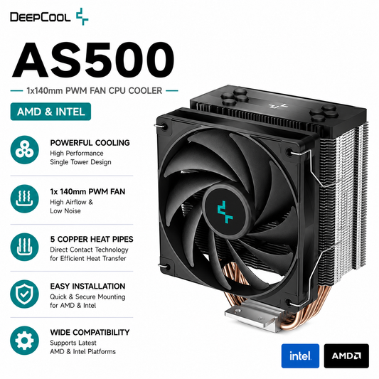 DEEPCOOL AS500 1x140mm PWM Fan CPU Cooler (amd&intel) (R-AS500-BKNLMP-G)