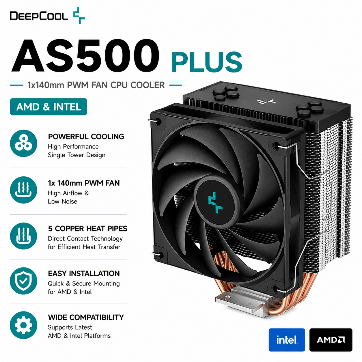 DEEPCOOL AS500 PLUS 1x140mm PWM Fan CPU Cooler (amd&intel) (DP-GS-MCH7-ASN-3)