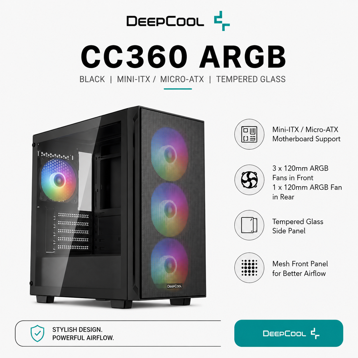 DEEPCOOL CC360 ARGB - Black, Mini-ITX/ Micro-ATX Size, Tempered Glass (DP-F12-AR-CF120P-3P)