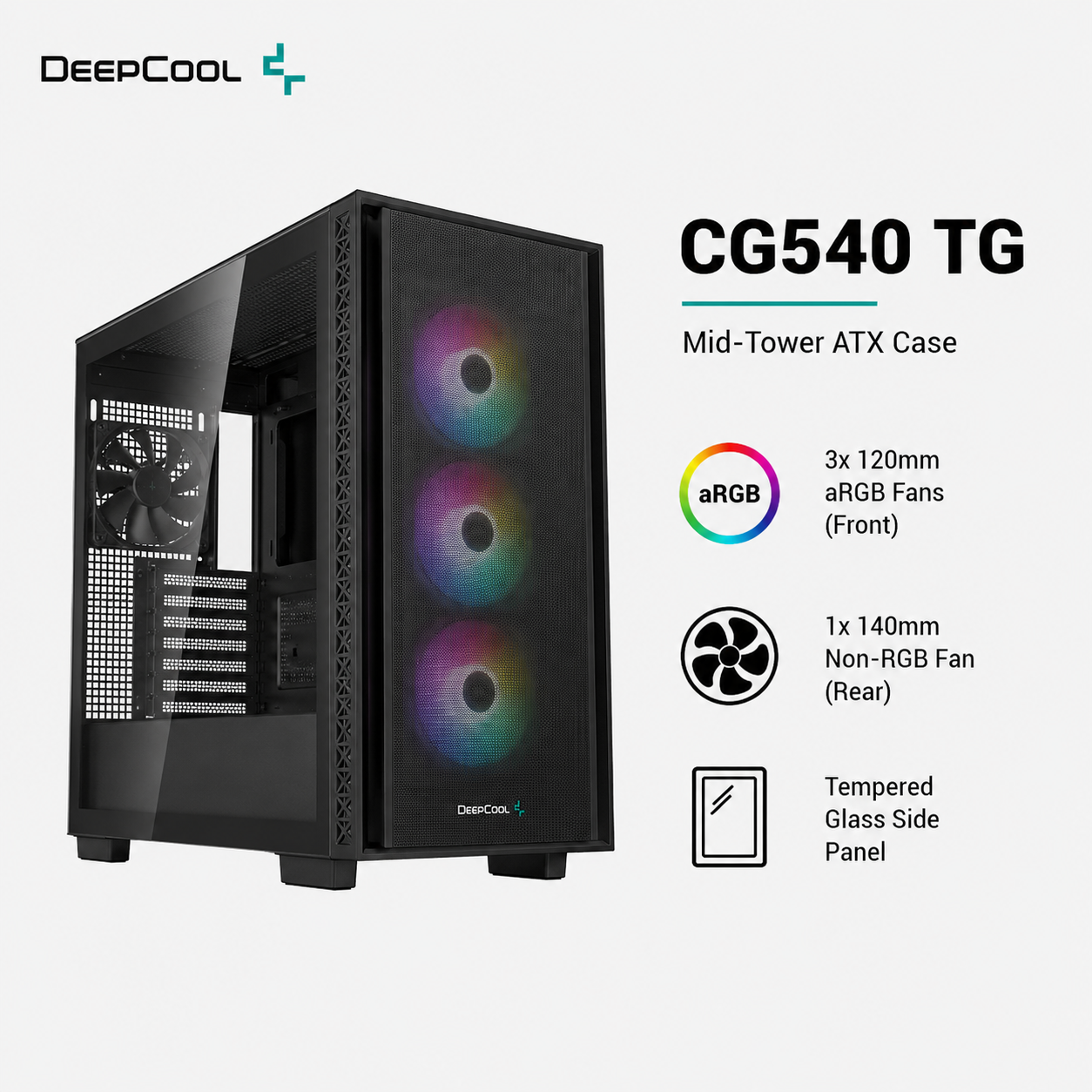 DEEPCOOL CG540 TG Case (3x(1x120mm) aRGB front, 1x140mm non RGB rear included) - black (CG560)