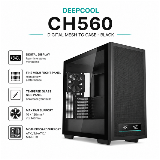 DEEPCOOL CH560 Digital Mesh TG Case - Black (CH560-DIGITAL)
