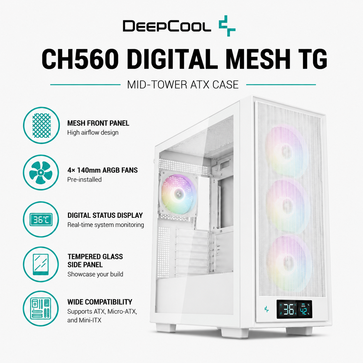 DEEPCOOL CH560 Digital Mesh TG Case - White (CH560-DIGITAL-WH)