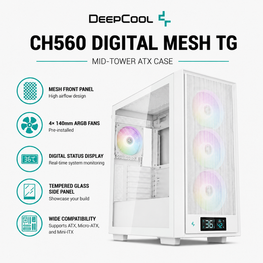 DEEPCOOL CH560 Digital Mesh TG Case - White (CH560-DIGITAL-WH)