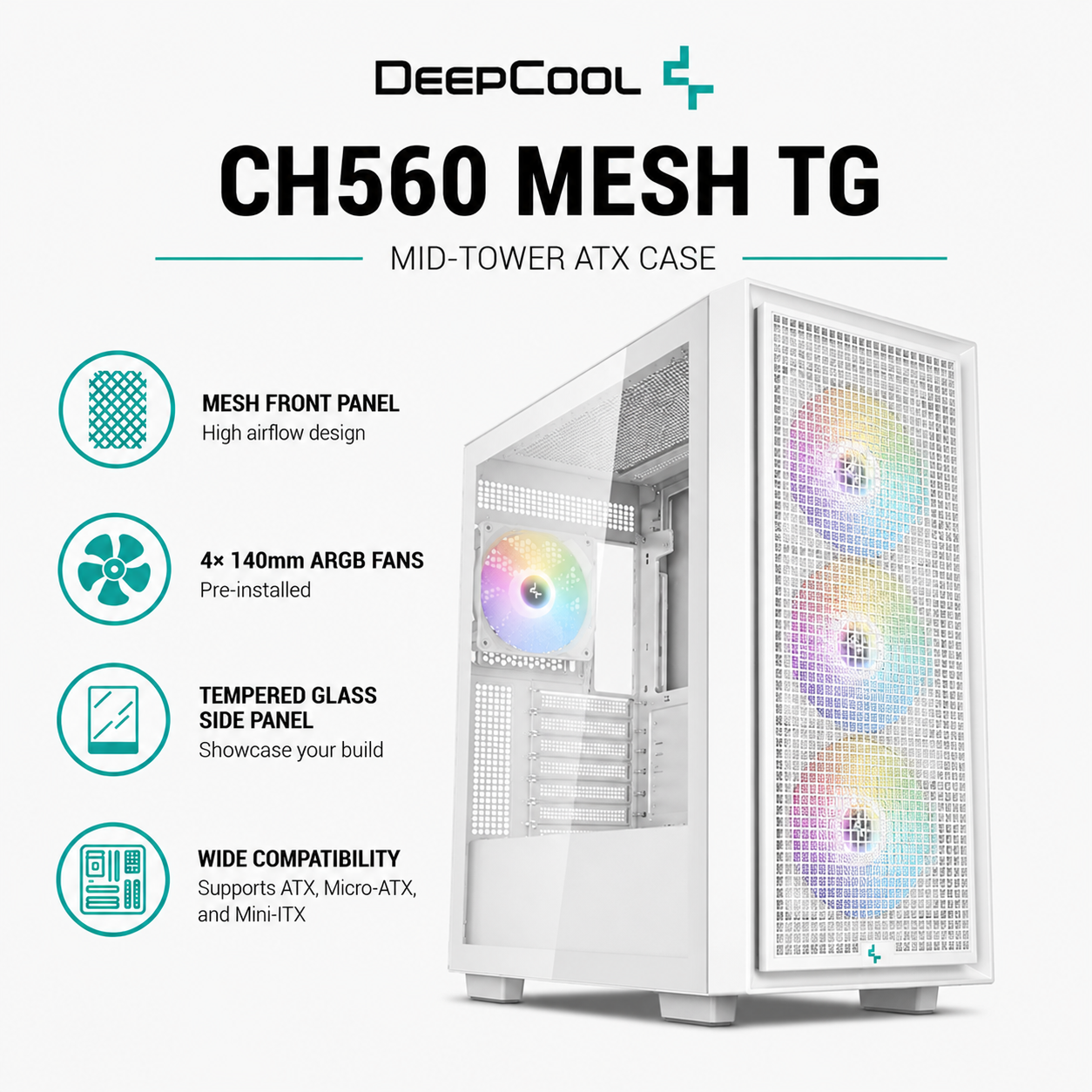 DEEPCOOL CH560 Mesh TG Case - White (CH560-WH)