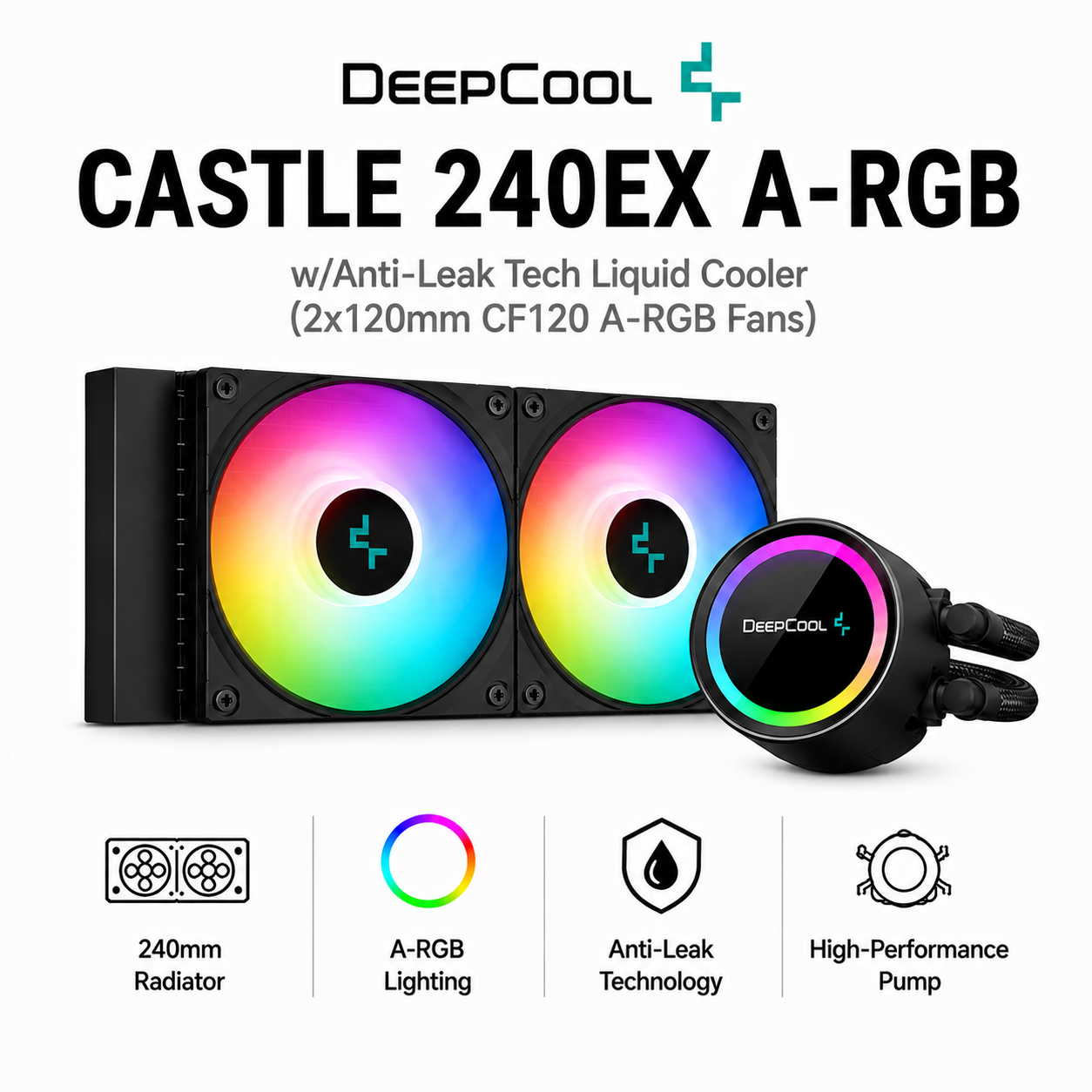 DEEPCOOL Castle 240EX A-RGB w/Anti-Leak Tech Liquid Cooler (2x120mm CF120 aRGB Fans) - black (DP-GS-H12W-CSL240EX-AR-WH)
