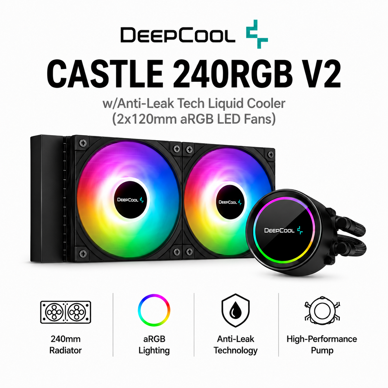 DEEPCOOL Castle 240RGB V2 w/Anti-Leak Tech Liquid Cooler (2x120mm aRGB LED Fans) (DP-GS-H12W-CSL360EX-AR)