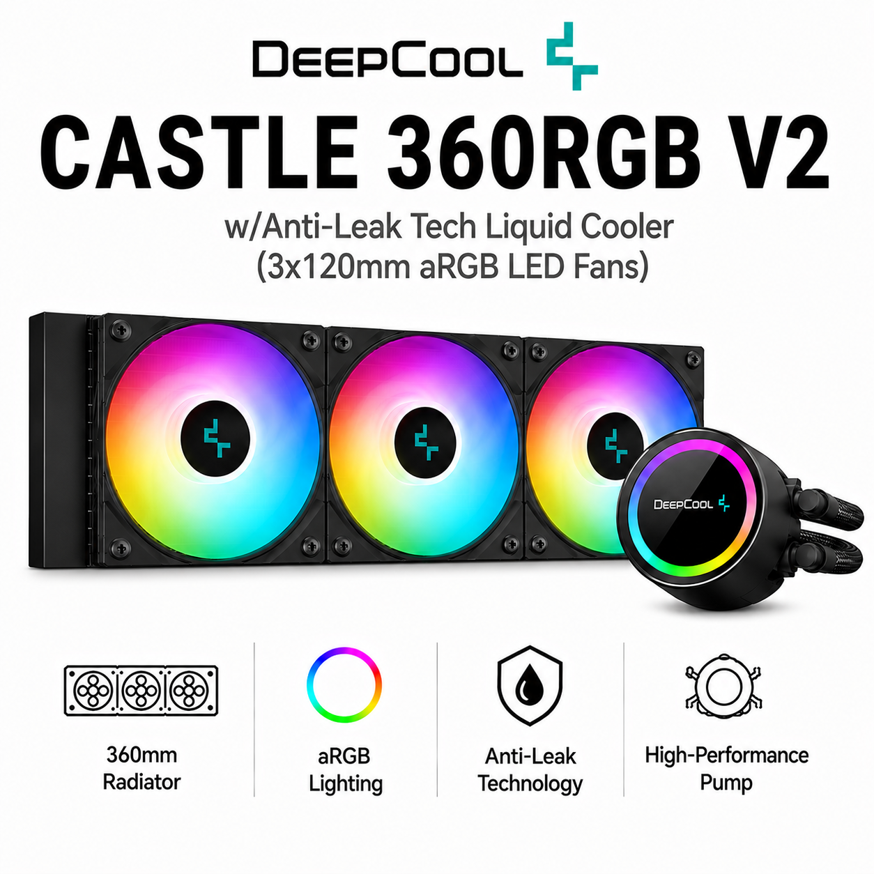DEEPCOOL Castle 360RGB V2 w/Anti-Leak Tech Liquid Cooler (3x120mm aRGB LED Fans) (CC360)
