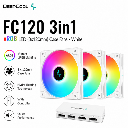 DEEPCOOL FC120 3in1 aRGB LED (3x120mm) Case Fans - white FC120(3IN1) (R-FC120-WHAMN3-G-1)