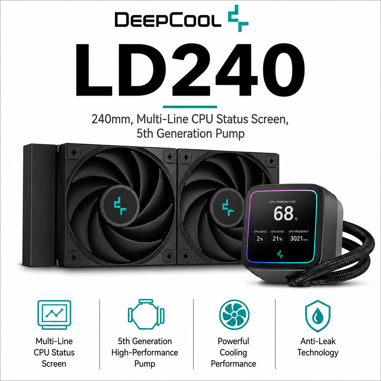 DEEPCOOL LD240 240mm, Multi-Line CPU Status Screen,5th Generation Pump (R-LD240-BKMSN-G-1)