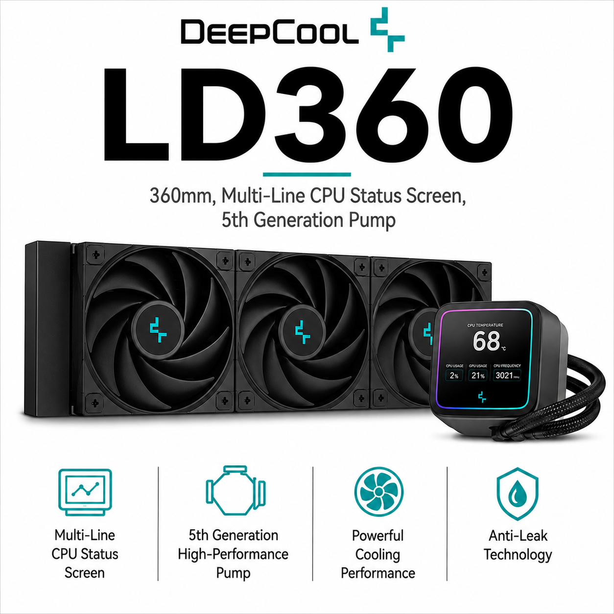 DEEPCOOL LD360 360mm, Multi-Line CPU Status Screen,5th Generation Pump (R-LD360-BKMSN-G-1)