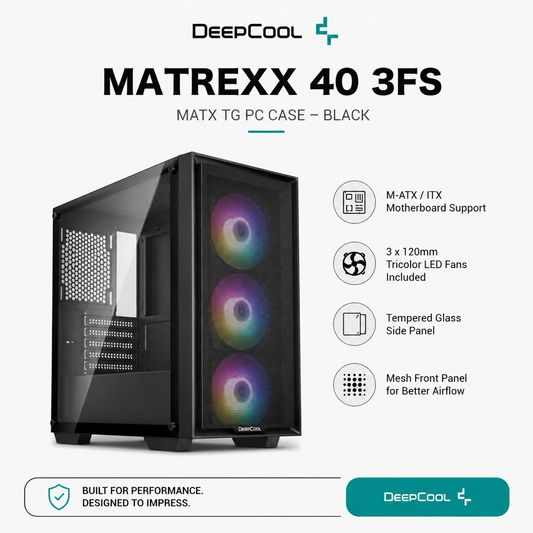 DEEPCOOL Matrexx 40 3FS MATX TG PC Case (3x(1x120mm) Tricolor LED Fans included) - black (MATREXX40-3FS)