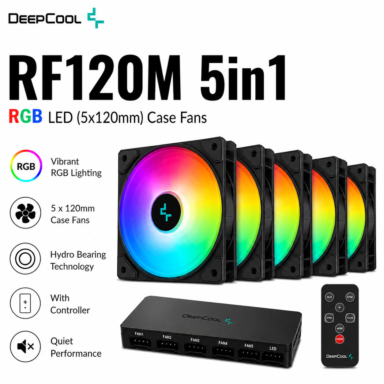 DEEPCOOL RF120M 5in1 RGB LED (5x(1x120mm)) Case Fans (DP-FRGB-RF120-5C-M)