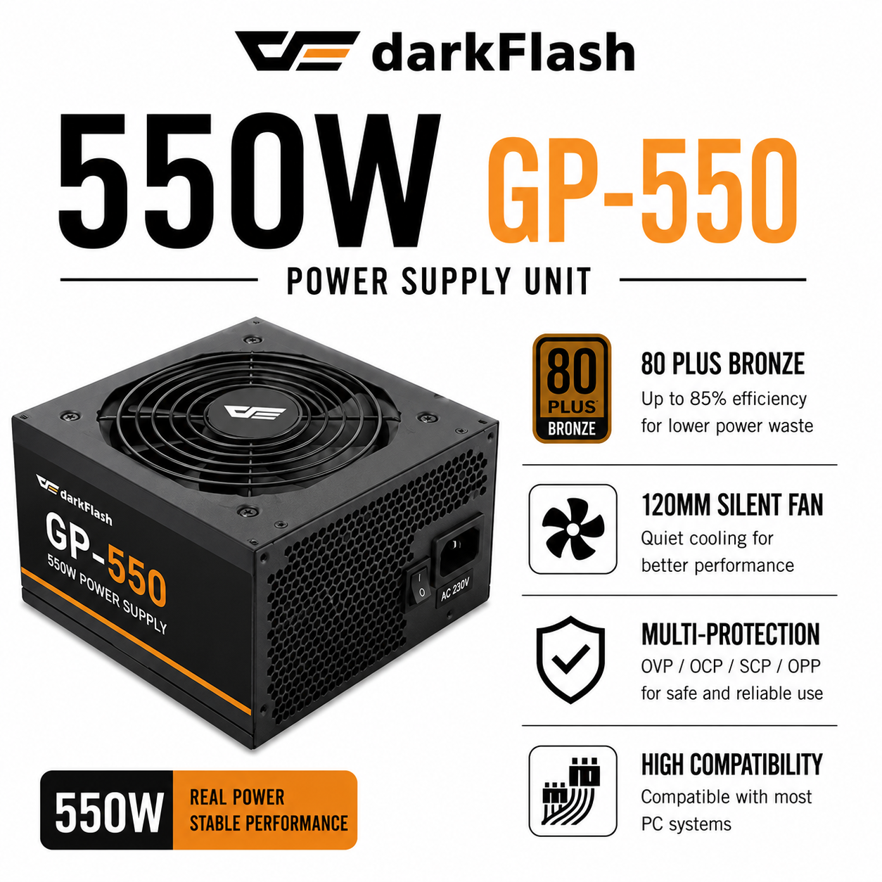 Darkflash 550W 80 + Bronze (GP-550) PSU (C285MP-BK)
