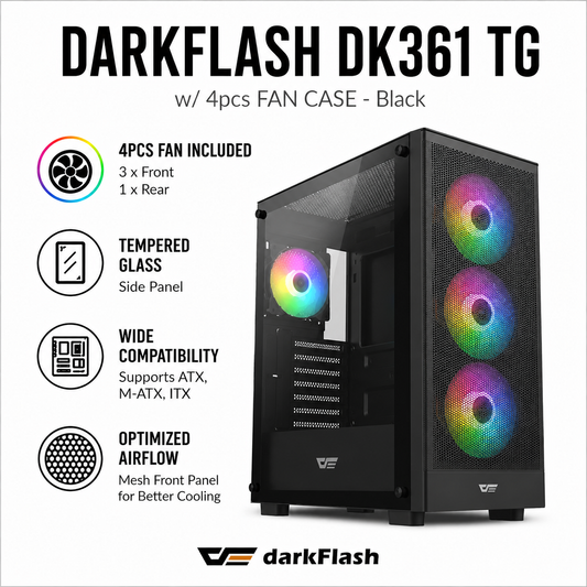 Darkflash DK361 TG w/ 4pcs FAN CASE - Black (DK361-WH)