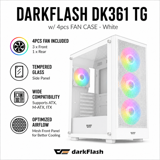 Darkflash DK361 TG w/ 4pcs FAN CASE - White (DK415M-BK)