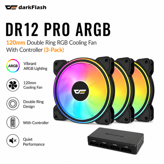 Darkflash DR12 Pro ARGB 120MM Double Ring RGB Cooling Fan With Controller (3-Pack) (DR12-PRO-3IN1)