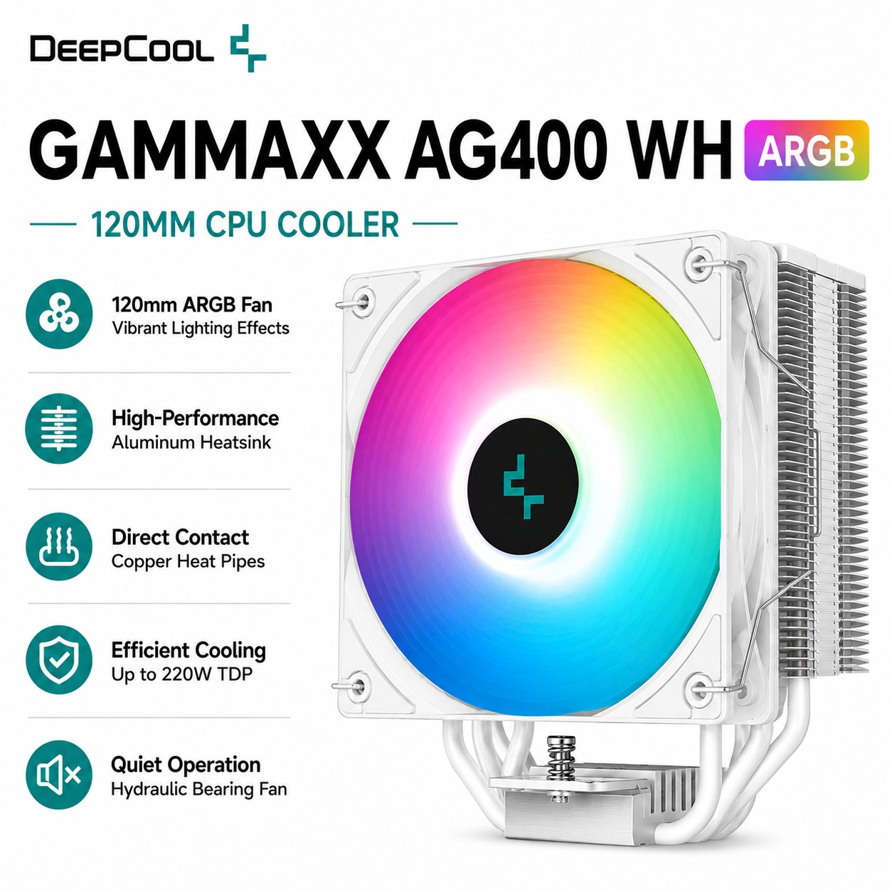 Deepcool Gammaxx AG400 WH ARGB 120MM CPU Cooler (White) (R-AG400-WHANMC-G-2)