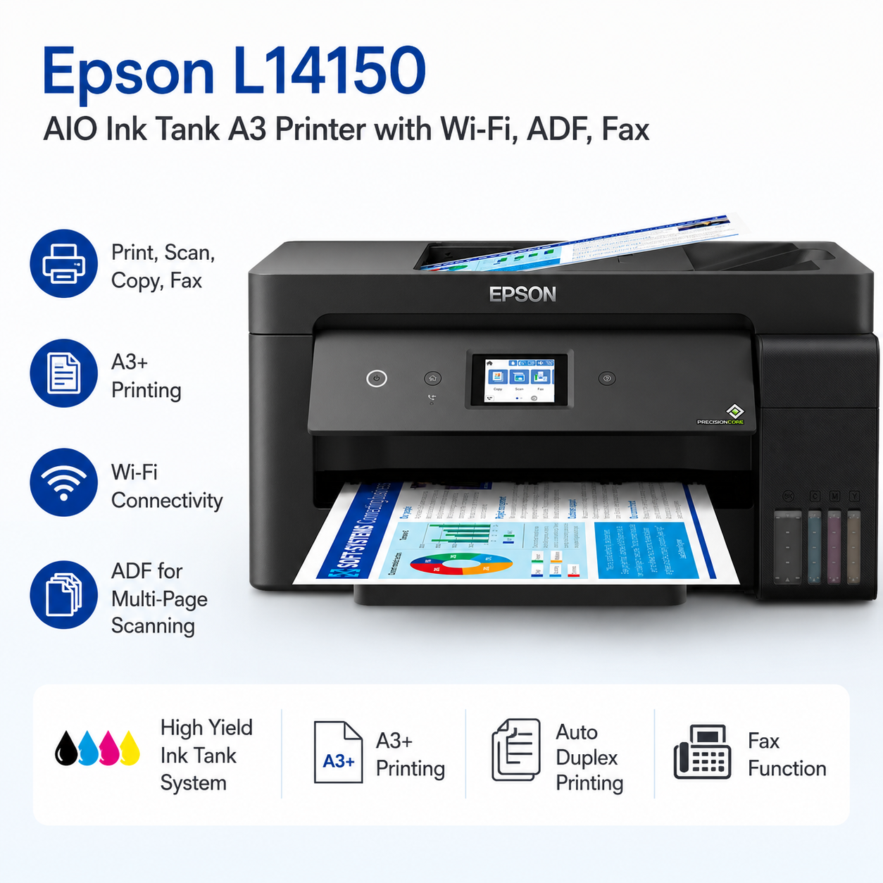 Epson L14150 AIO Ink Tank A3 Printer w/ Wi‑Fi, ADF, Fax (L14150)