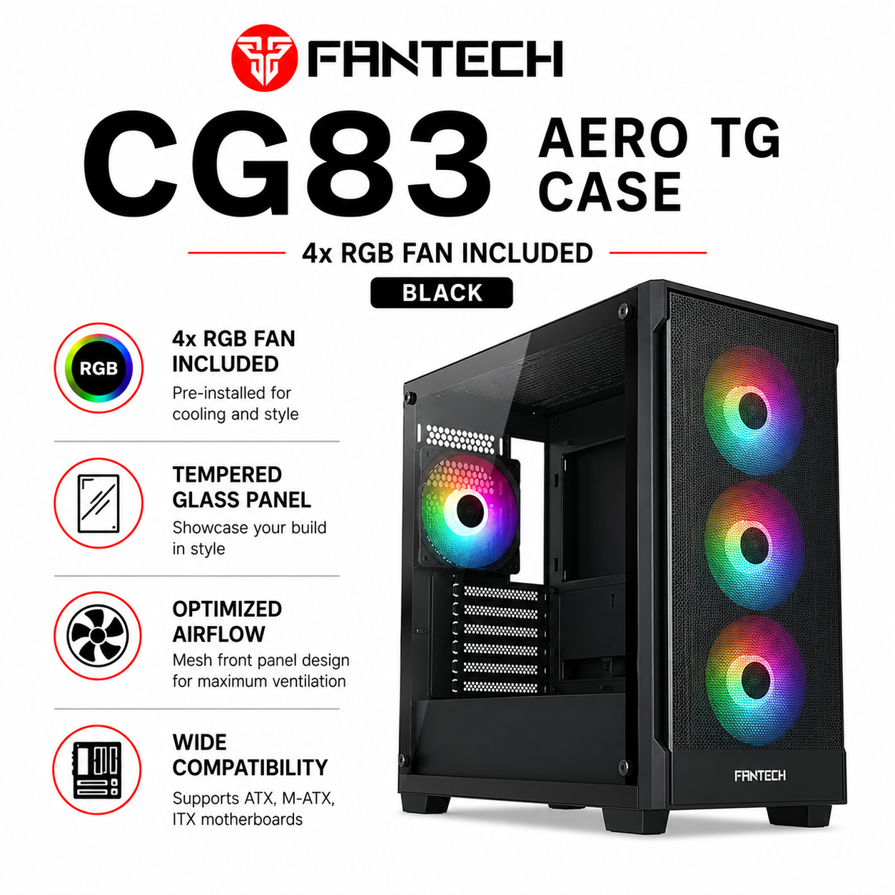 FANTECH CG83 AERO TG CASE 4x RGB FAN Included - Black (CG83-AERO-BK)