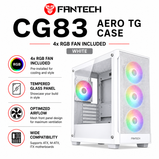 FANTECH CG83 AERO TG CASE 4x RGB FAN Included - White (CG83-AERO-WH)