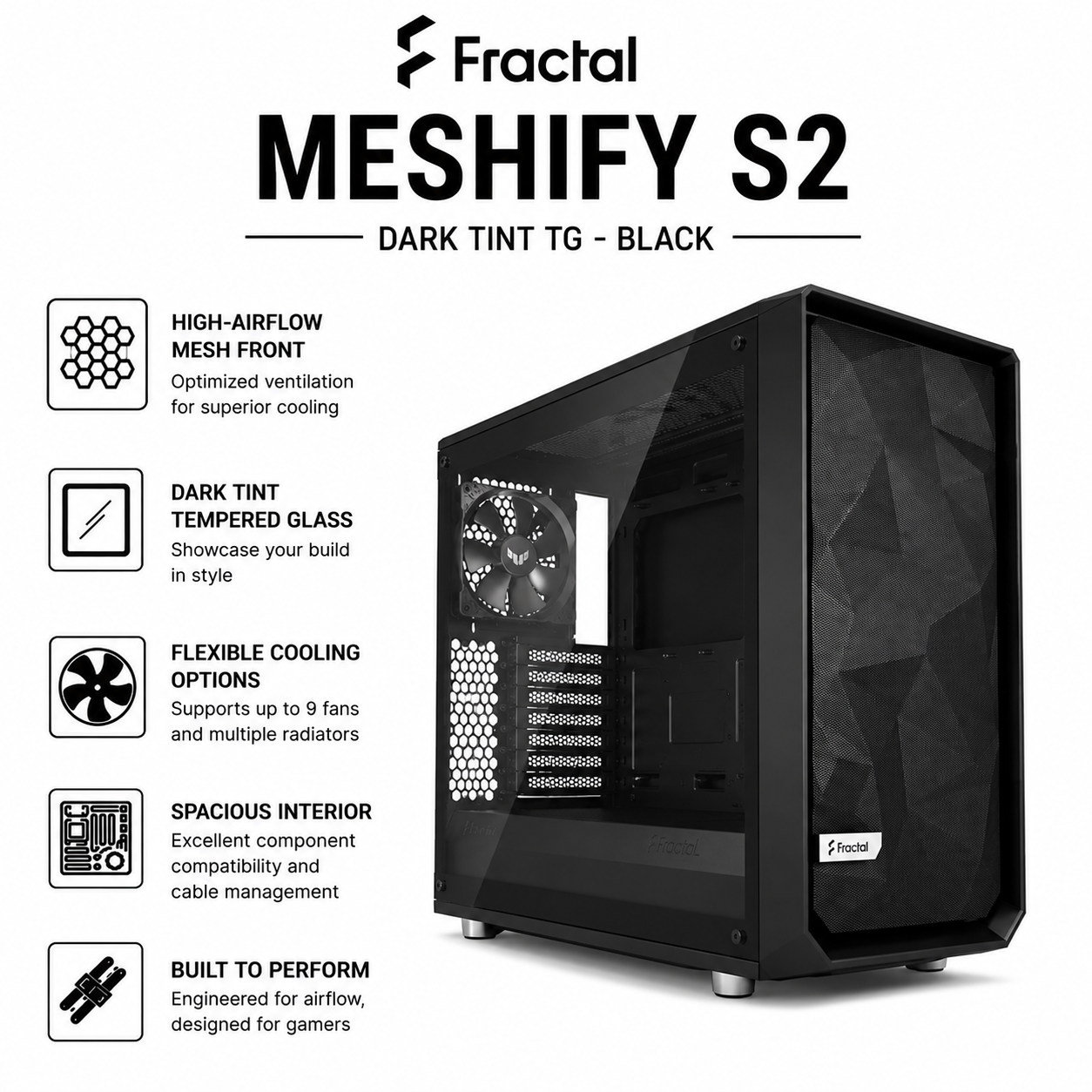 FRACTAL Meshify S2 Dark Tint TG - black (FD-CA-MESH-S2-BKO-TGD)