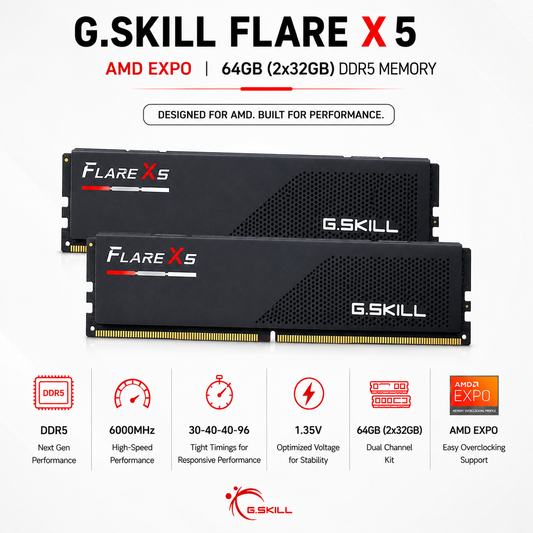 G.SKILL FLARE X5 AMD EXPO 64GB(2x32GB) 6000MHz DDR5 30-40-40-96 1.35V (F5-6000J3040G32GX2-FX5)