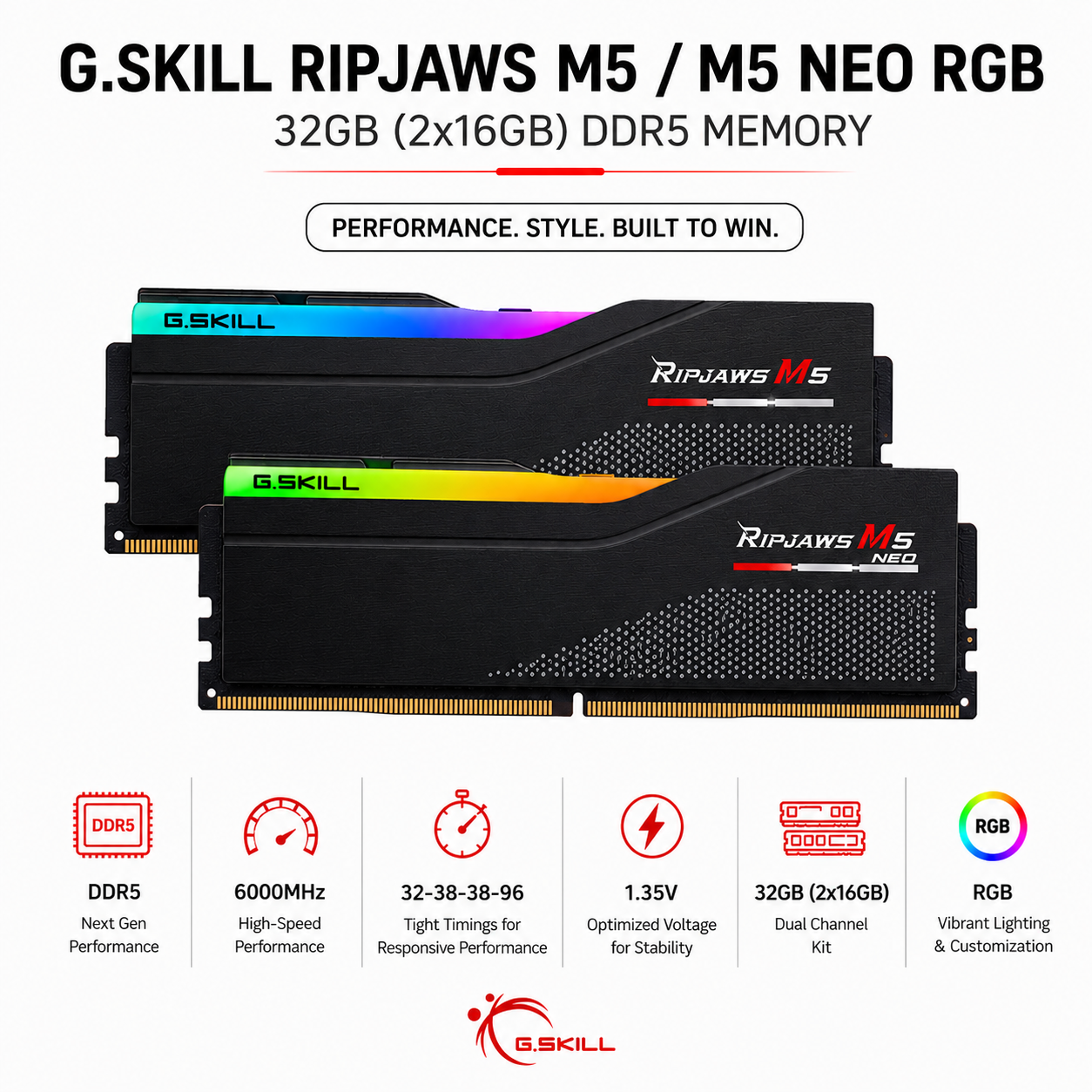 G.SKILL RIPJAWS M5/M5 NEO RGB 32GB(2x16GB) 6000MHz DDR5 32-38-38-96 1.35V - Black (F5-6000J3238F16GX2-RM5RK)
