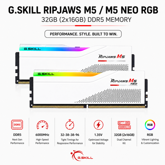 G.SKILL RIPJAWS M5/M5 NEO RGB 32GB(2x16GB) 6000MHz DDR5 32-38-38-96 1.35V - White (F5-6000J3238F16GX2-RM5RW)