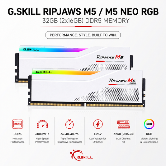 G.SKILL RIPJAWS M5/M5 NEO RGB 32GB(2x16GB) 6000MHz DDR5 36-48-48-96 1.25V - White (F5-6000J3648D16GX2-RM5NRW)